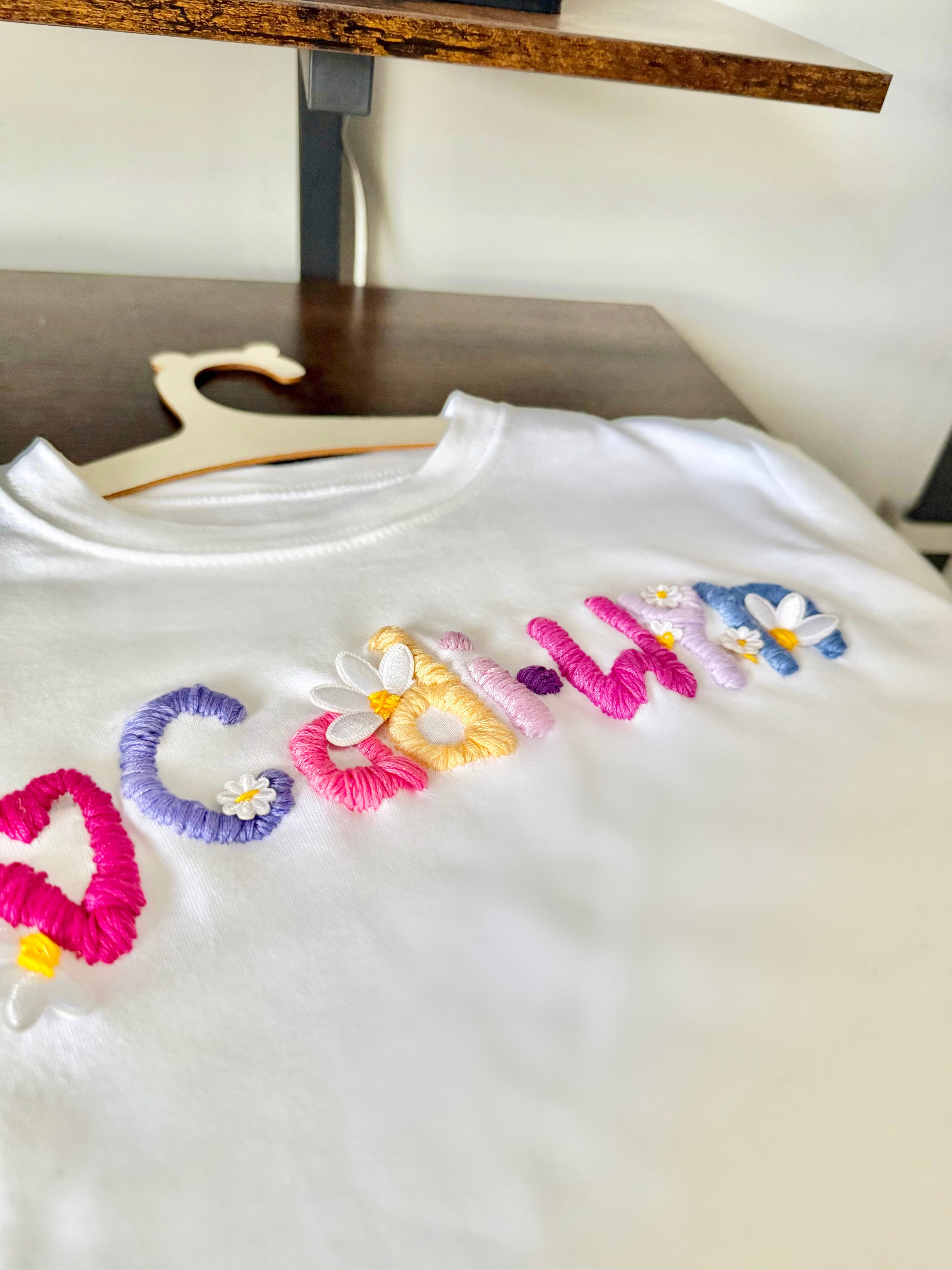 Hand Sewn Personalised T shirts. 7 letters or more.